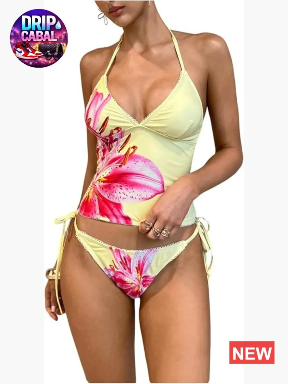 Women's Floral Tankini Swimsuits Tummy Control Backless Halter Tie Side